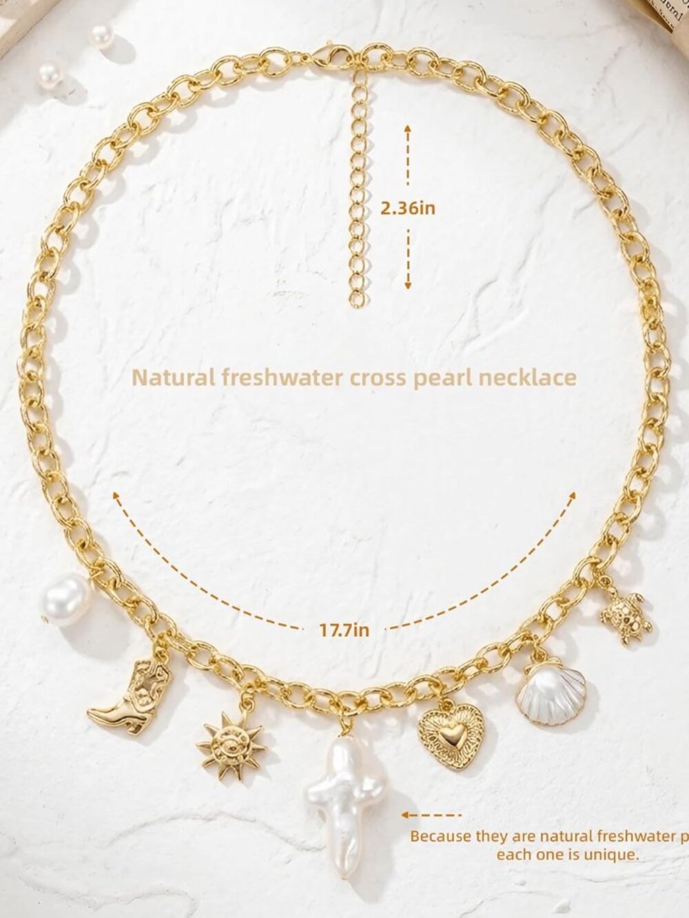 Pearl Cross Necklace Natural Freshwater for Women - Chunky Charm Big 18K Gold Pl - Picture 2 of 6